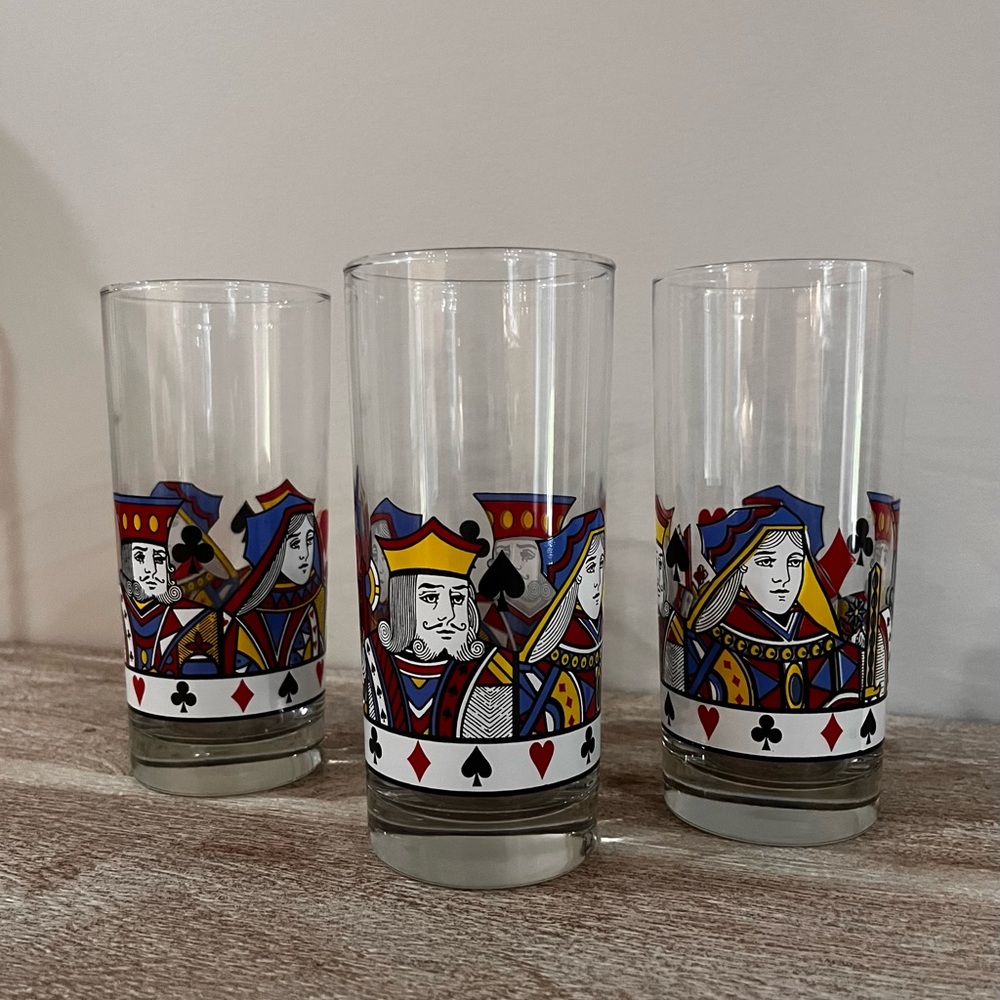 Vintage Libbey King Queen Playing Card Themed Glassware -Set of 3-